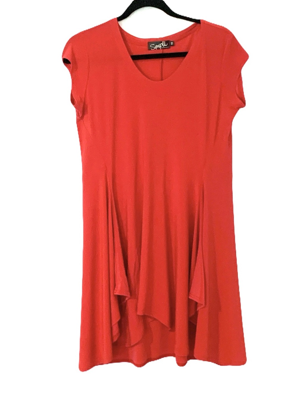 Sympli Coral-Red Women’s Size 10 Swing Mini Stretchy Knit Casual Tunic Dress